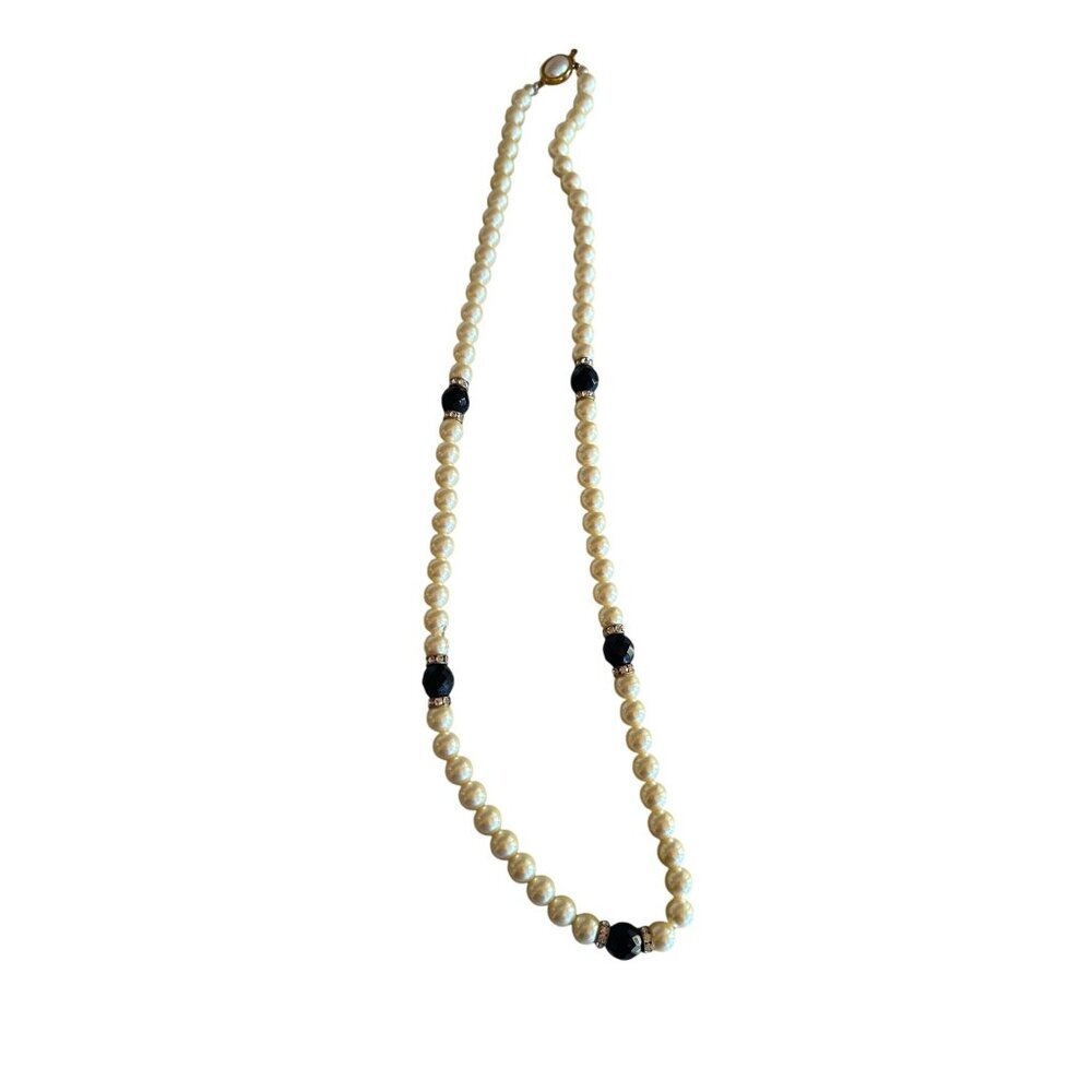 Vintage Carolee Faux Pearl Necklace With Black Beads & Rhinestone Accents Gold C
